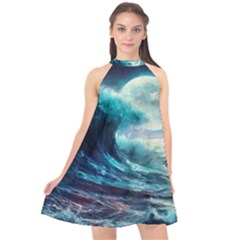 Tsunami Waves Ocean Sea Nautical Nature Water 4 Halter Neckline Chiffon Dress 