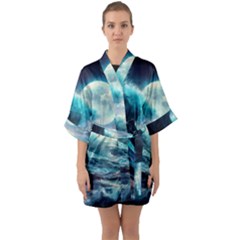 Tsunami Waves Ocean Sea Nautical Nature Water 4 Half Sleeve Satin Kimono 