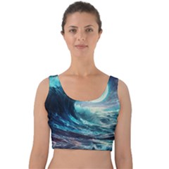 Tsunami Waves Ocean Sea Nautical Nature Water 4 Velvet Crop Top by Jancukart