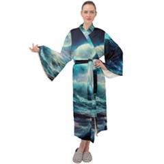 Tsunami Waves Ocean Sea Nautical Nature Water 4 Maxi Velvet Kimono by Jancukart