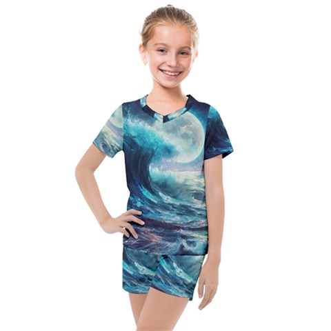 Tsunami Waves Ocean Sea Nautical Nature Water 4 Kids  Mesh Tee And Shorts Set by Jancukart