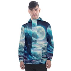 Tsunami Waves Ocean Sea Nautical Nature Water 4 Men s Front Pocket Pullover Windbreaker