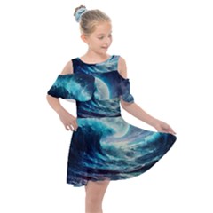 Tsunami Waves Ocean Sea Nautical Nature Water 4 Kids  Shoulder Cutout Chiffon Dress by Jancukart