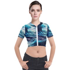 Tsunami Waves Ocean Sea Nautical Nature Water 4 Short Sleeve Cropped Jacket by Jancukart