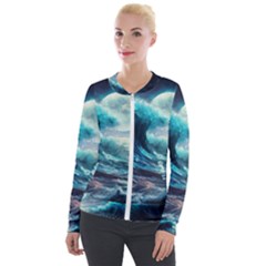 Tsunami Waves Ocean Sea Nautical Nature Water 4 Velvet Zip Up Jacket