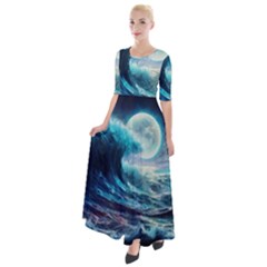 Tsunami Waves Ocean Sea Nautical Nature Water 4 Half Sleeves Maxi Dress by Jancukart