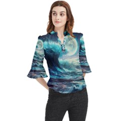 Tsunami Waves Ocean Sea Nautical Nature Water 4 Loose Horn Sleeve Chiffon Blouse