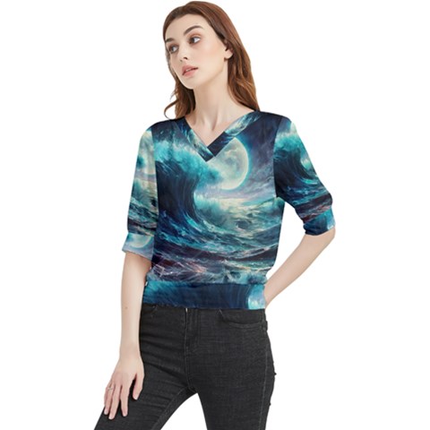 Tsunami Waves Ocean Sea Nautical Nature Water 4 Quarter Sleeve Blouse by Jancukart