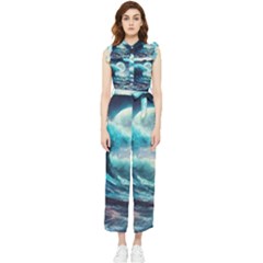 Tsunami Waves Ocean Sea Nautical Nature Water 4 Women s Frill Top Chiffon Jumpsuit by Jancukart