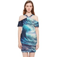 Tsunami Waves Ocean Sea Nautical Nature Water 4 Shoulder Frill Bodycon Summer Dress by Jancukart