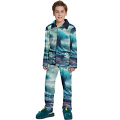 Tsunami Waves Ocean Sea Nautical Nature Water 4 Kids  Long Sleeve Velvet Pajamas Set by Jancukart