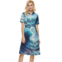 Tsunami Waves Ocean Sea Nautical Nature Water 4 Button Top Knee Length Dress