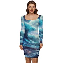 Tsunami Waves Ocean Sea Nautical Nature Water 4 Women Long Sleeve Ruched Stretch Jersey Dress by Jancukart