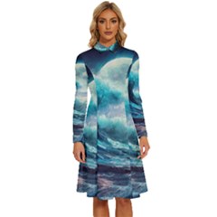 Tsunami Waves Ocean Sea Nautical Nature Water 4 Long Sleeve Shirt Collar A-line Dress by Jancukart