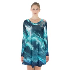 Thunderstorm Tsunami Tidal Wave Ocean Waves Sea Long Sleeve Velvet V-neck Dress