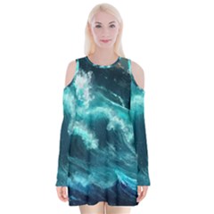 Thunderstorm Tsunami Tidal Wave Ocean Waves Sea Velvet Long Sleeve Shoulder Cutout Dress