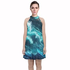 Thunderstorm Tsunami Tidal Wave Ocean Waves Sea Velvet Halter Neckline Dress 