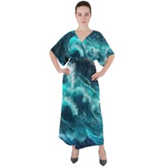 Thunderstorm Tsunami Tidal Wave Ocean Waves Sea V-neck Boho Style Maxi Dress by Jancukart