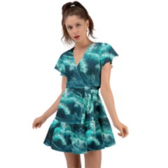 Thunderstorm Tsunami Tidal Wave Ocean Waves Sea Flutter Sleeve Wrap Dress