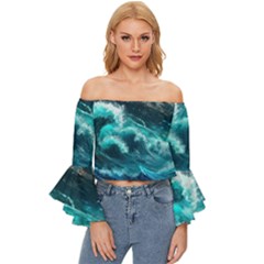 Thunderstorm Tsunami Tidal Wave Ocean Waves Sea Off Shoulder Flutter Bell Sleeve Top by Jancukart