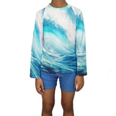 Tsunami Waves Ocean Sea Nautical Nature Water 8 Kids  Long Sleeve Swimwear