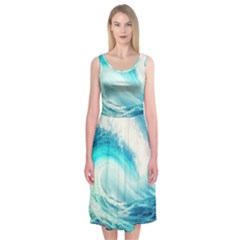 Tsunami Waves Ocean Sea Nautical Nature Water 8 Midi Sleeveless Dress by Jancukart