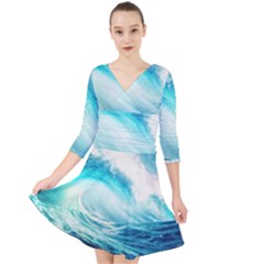 Tsunami Waves Ocean Sea Nautical Nature Water 8 Quarter Sleeve Front Wrap Dress