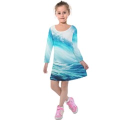 Tsunami Waves Ocean Sea Nautical Nature Water 8 Kids  Long Sleeve Velvet Dress