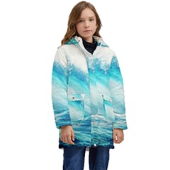 Tsunami Waves Ocean Sea Nautical Nature Water 8 Kid s Hooded Longline Puffer Jacket by Jancukart