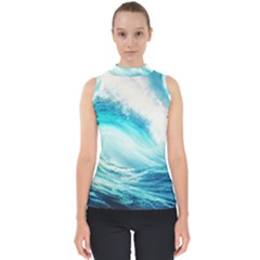 Tsunami Waves Ocean Sea Nautical Nature Water 8 Mock Neck Shell Top by Jancukart