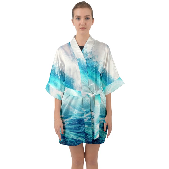 Tsunami Waves Ocean Sea Nautical Nature Water 8 Half Sleeve Satin Kimono 