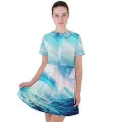 Tsunami Waves Ocean Sea Nautical Nature Water 8 Short Sleeve Shoulder Cut Out Dress  by Jancukart