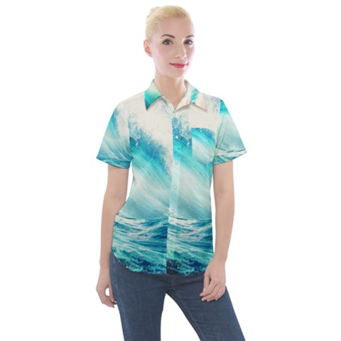 Tsunami Waves Ocean Sea Nautical Nature Water 8 Women s Short Sleeve Pocket Shirt by Jancukart