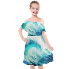 Tsunami Waves Ocean Sea Nautical Nature Water 8 Kids  Cut Out Shoulders Chiffon Dress