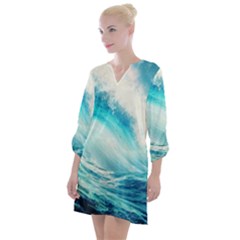 Tsunami Waves Ocean Sea Nautical Nature Water 8 Open Neck Shift Dress by Jancukart