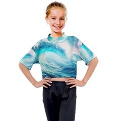 Tsunami Waves Ocean Sea Nautical Nature Water 8 Kids Mock Neck Tee