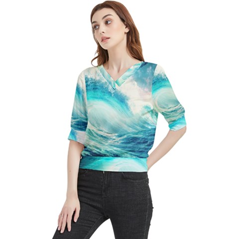 Tsunami Waves Ocean Sea Nautical Nature Water 8 Quarter Sleeve Blouse by Jancukart