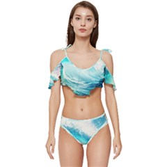 Tsunami Waves Ocean Sea Nautical Nature Water 8 Ruffle Edge Tie Up Bikini Set	