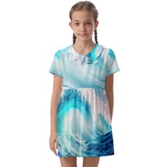 Tsunami Waves Ocean Sea Nautical Nature Water 8 Kids  Asymmetric Collar Dress