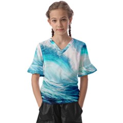 Tsunami Waves Ocean Sea Nautical Nature Water 8 Kids  V-neck Horn Sleeve Blouse by Jancukart