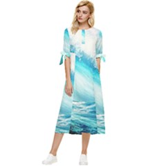 Tsunami Waves Ocean Sea Nautical Nature Water 8 Bow Sleeve Chiffon Midi Dress by Jancukart