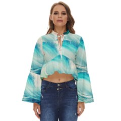 Tsunami Waves Ocean Sea Nautical Nature Water 8 Boho Long Bell Sleeve Top