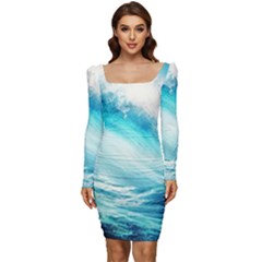 Tsunami Waves Ocean Sea Nautical Nature Water 8 Women Long Sleeve Ruched Stretch Jersey Dress by Jancukart