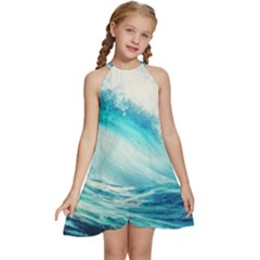 Tsunami Waves Ocean Sea Nautical Nature Water 8 Kids  Halter Collar Waist Tie Chiffon Dress by Jancukart