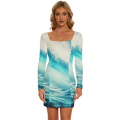 Tsunami Waves Ocean Sea Nautical Nature Water 8 Long Sleeve Square Neck Bodycon Velvet Dress by Jancukart