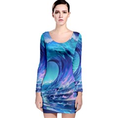 Tsunami Tidal Wave Ocean Waves Sea Nature Water 2 Long Sleeve Bodycon Dress