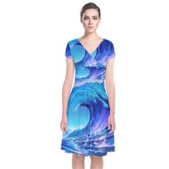 Tsunami Tidal Wave Ocean Waves Sea Nature Water 2 Short Sleeve Front Wrap Dress