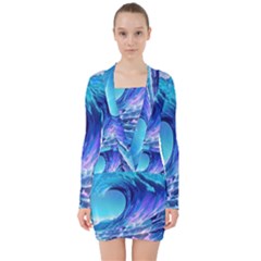 Tsunami Tidal Wave Ocean Waves Sea Nature Water 2 V-neck Bodycon Long Sleeve Dress