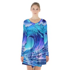 Tsunami Tidal Wave Ocean Waves Sea Nature Water 2 Long Sleeve Velvet V-neck Dress