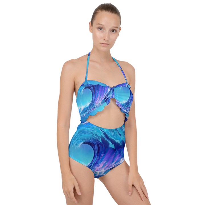 Tsunami Tidal Wave Ocean Waves Sea Nature Water 2 Scallop Top Cut Out Swimsuit